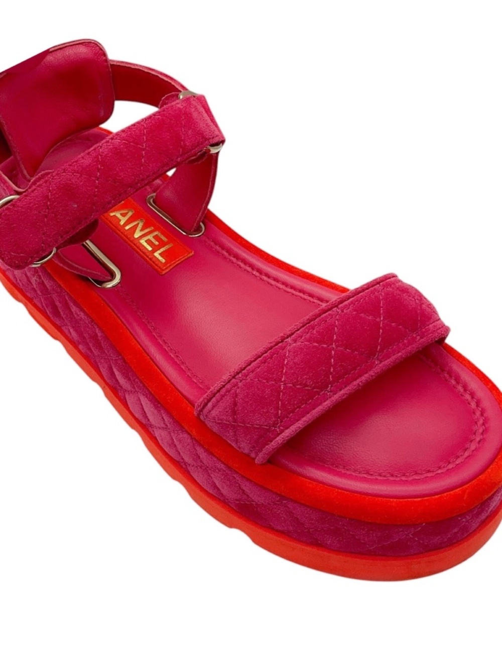 CHANEL PINK / RED / GOLD CC LOGO QUILTED SUEDE CALFSKIN FLAT PLATFORM SANDALS